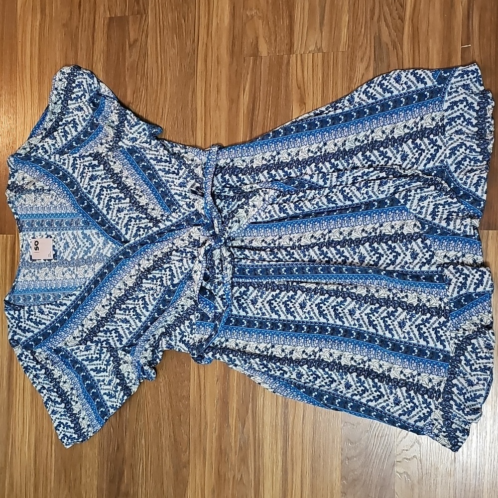 SO Blue and White Patterned Faux Wrap Mini Dress